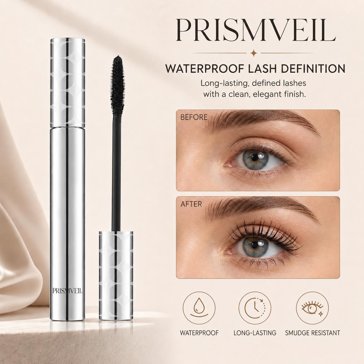 prismveil Waterproof Mascara for 24-Hour Volume, Lift & Definition – Long-Lasting Thick, Defined Lashes