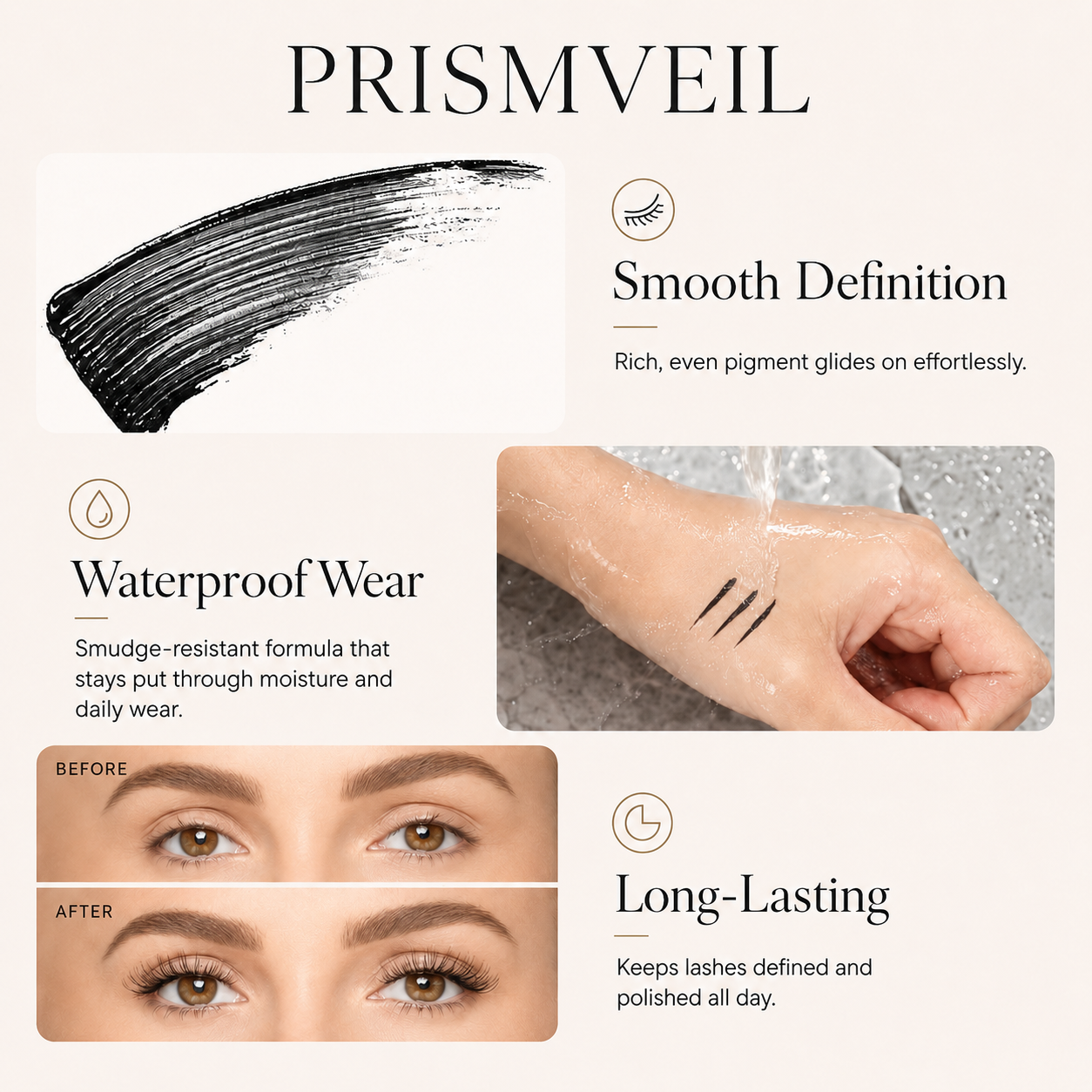prismveil Waterproof Mascara for 24-Hour Volume, Lift & Definition – Long-Lasting Thick, Defined Lashes